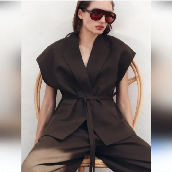 Zara Set 2 Pc Linen Blend Waistcoat Wrap Vest and Pants Brown Size S/M - Picture 5 of 15